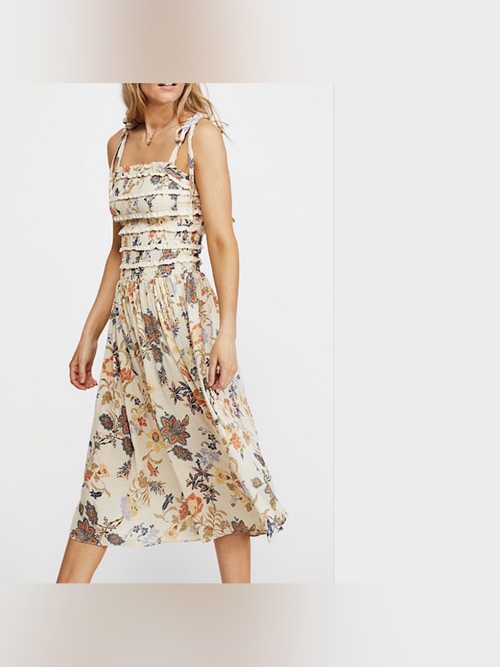 Free People Isla Floral Midi Sundress Ivory Smocked Tie Strap Dress Size Small
